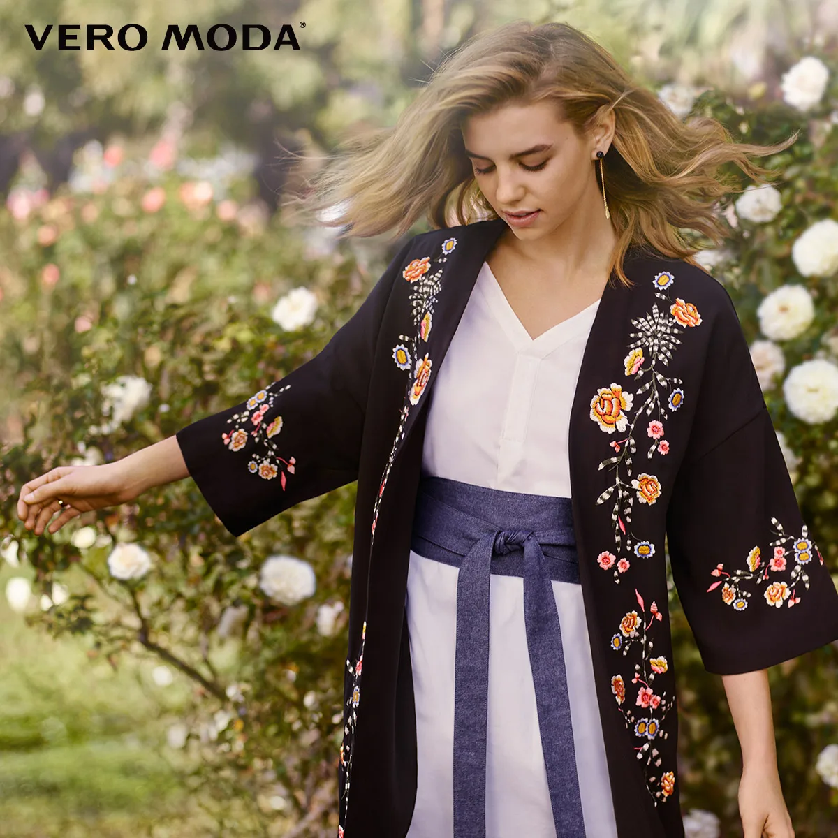 Vero Moda Весна Лето Новая женская цветочная вышивка с открытыми плечами рукава шифоновое пальто куртка женская| 318121549 - Цвет: Black