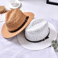 ht1560 summer straw hat 2018 new unisex fedora panama hats with belt handmade wide brim beach hat men women tribly jazz sun hats