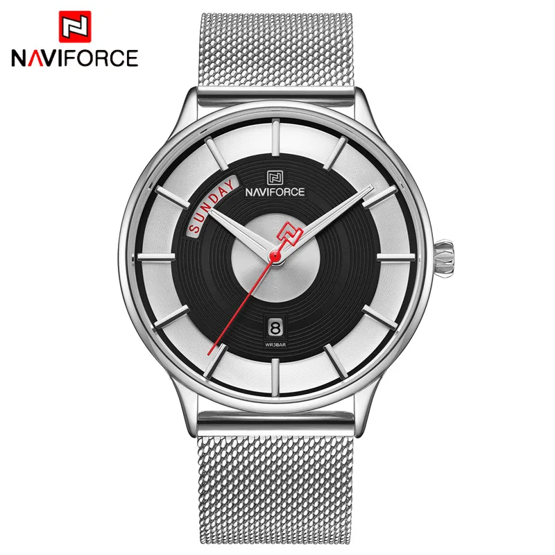 Silver Black NAVIFORCE Топ люксовый бренд часы мужские модные стальные сетчатые Кварцевые спортивные часы мужские повседневные деловые наручные часы Relogio Masculino - Цвет: Silver Black