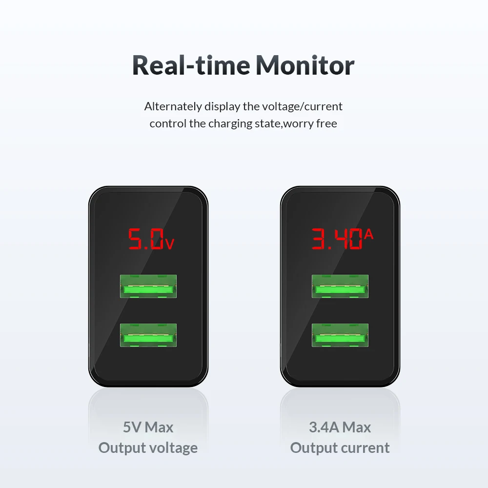 TOPK B249 светодиодный цифровой Дисплей Dual USB Wall Зарядное устройство для iphonexs XiaoMi Mi9