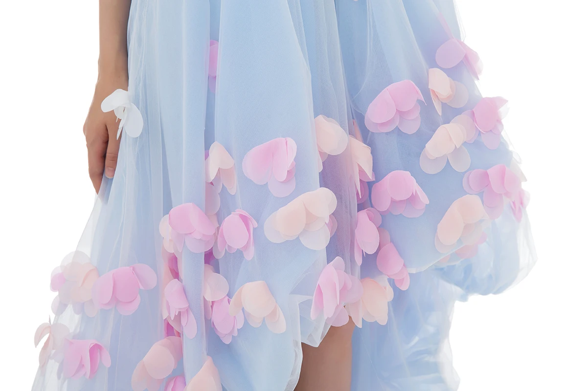 SSYFashion, милый светильник, голубое кружевное вечернее платье с цветами, сексуальное, без бретелек, с аппликацией, короткое, спереди, длинное, сзади, для банкета, вечерние платья