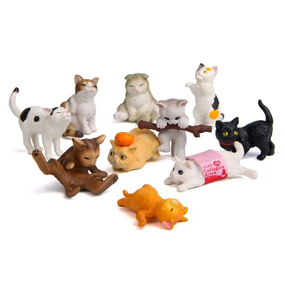 10pcs/set Playing Cat Figurine Miniature Lifelike Kitten Animal Decoration Mini Fairy Garden Cartoon Statue Craft Home Car Decor | Дом и сад