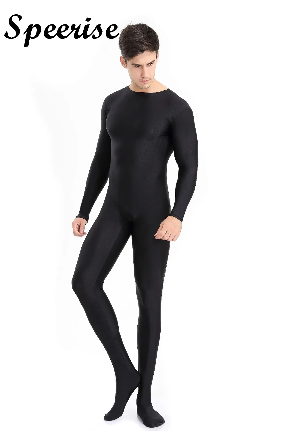 

Speerise Mens Full Body Spandex Zentai Suit Black Long Sleeve Unitard Adult Zipper Back Footed Cosplay Bodysuit Costumes