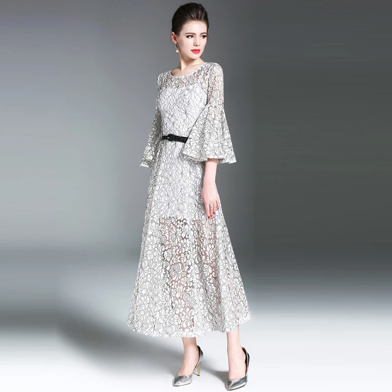 Кружево платье Новая Европа Лето 2017 г. Для женщин Flare рукавом выдалбливают
