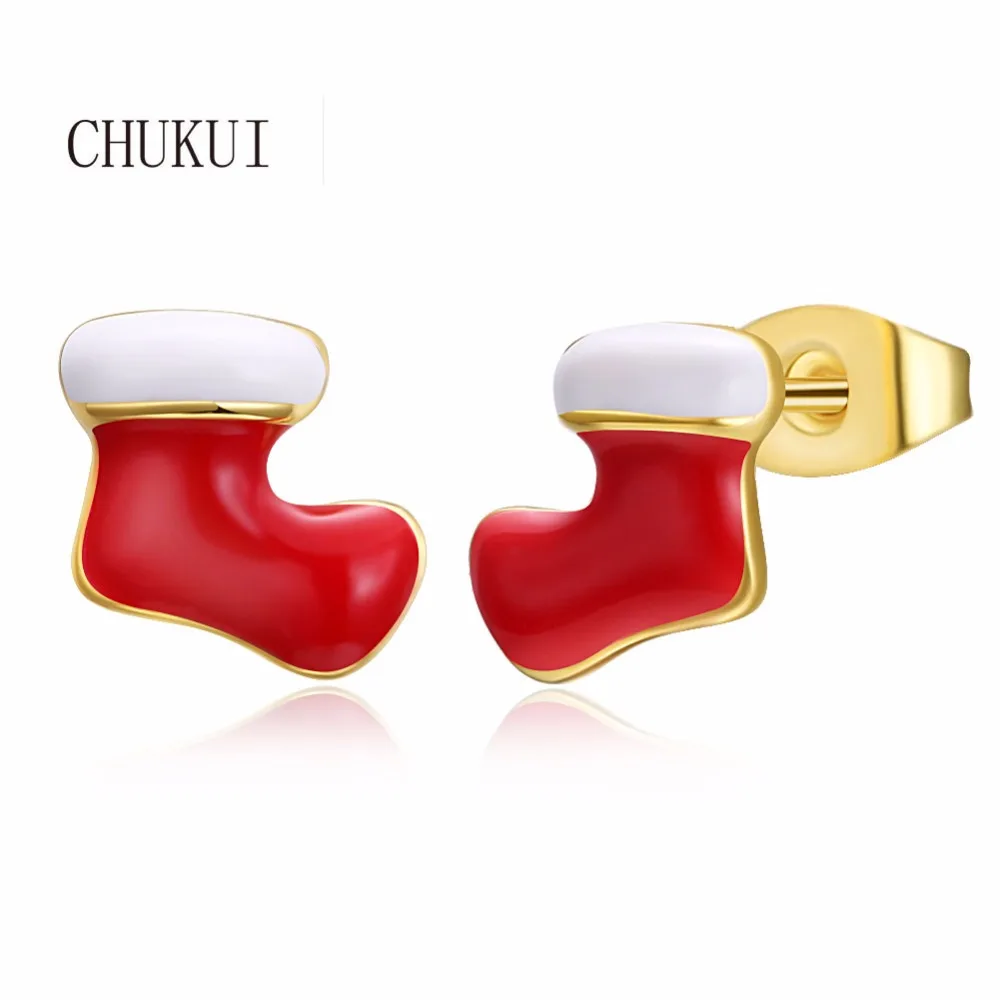CHUKUI Christmas Red Socks Boots Earrings Gold Color Enamel Stud For Girl Kids Fashion New Year Gifts Jewelry | Украшения и