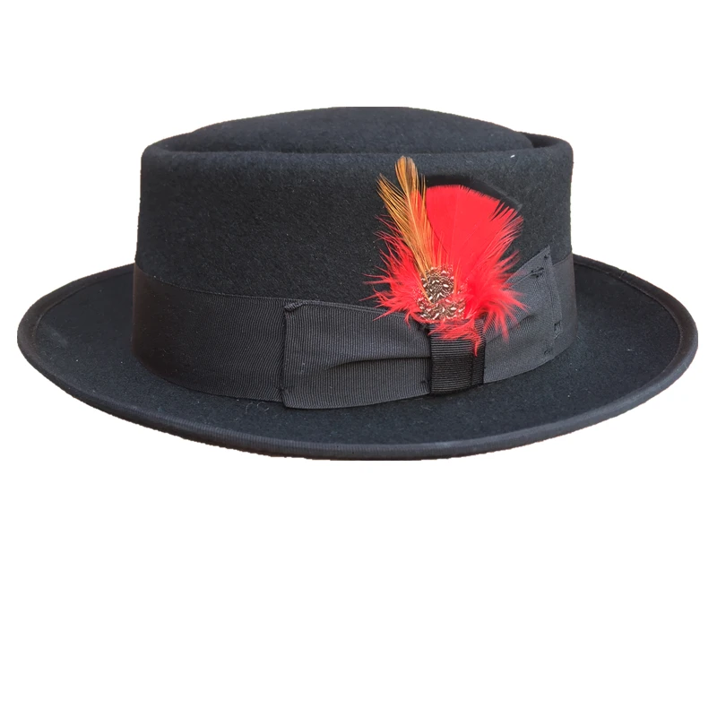 Classic Wool Felt Black Pork Pie Hat  Porkpie Jazz Fedora Hat Round Top Trilby Stingy Brim feather Cap