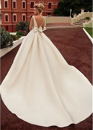 Шикарные атласные свадебные платья с бантом и вырезом лодочкой а-силуэта