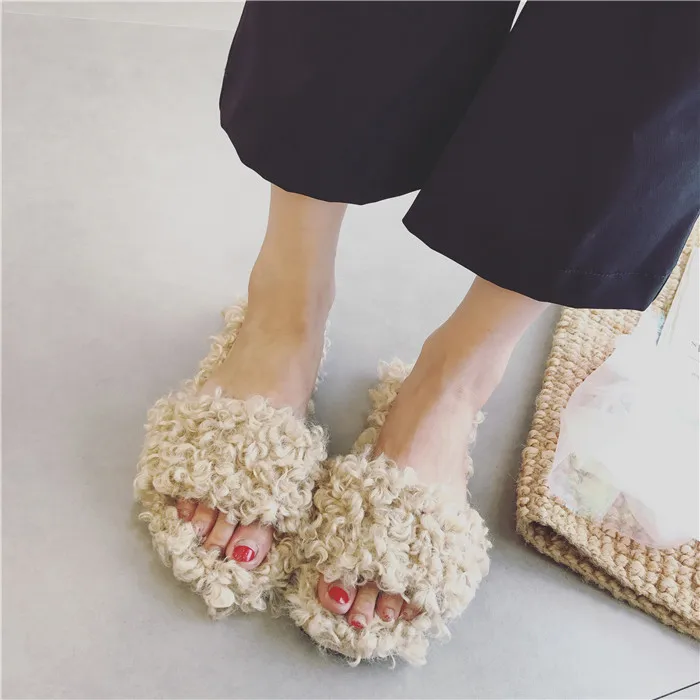 2017 г. зимние теплые женские шлепанцы на овечьем меху без задника меховые