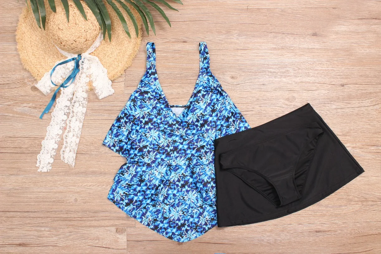 Большой Размеры синяя юбка купальники Для женщин 3 предмета купальник Юбка-брюки