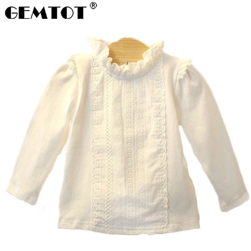 GEMTOT/футболка с длинным рукавом для новорожденных девочек, Малый стоячий воротник, кружевной хлопковый джемпер, Весенняя и вечерняя одежда для 0-3 лет