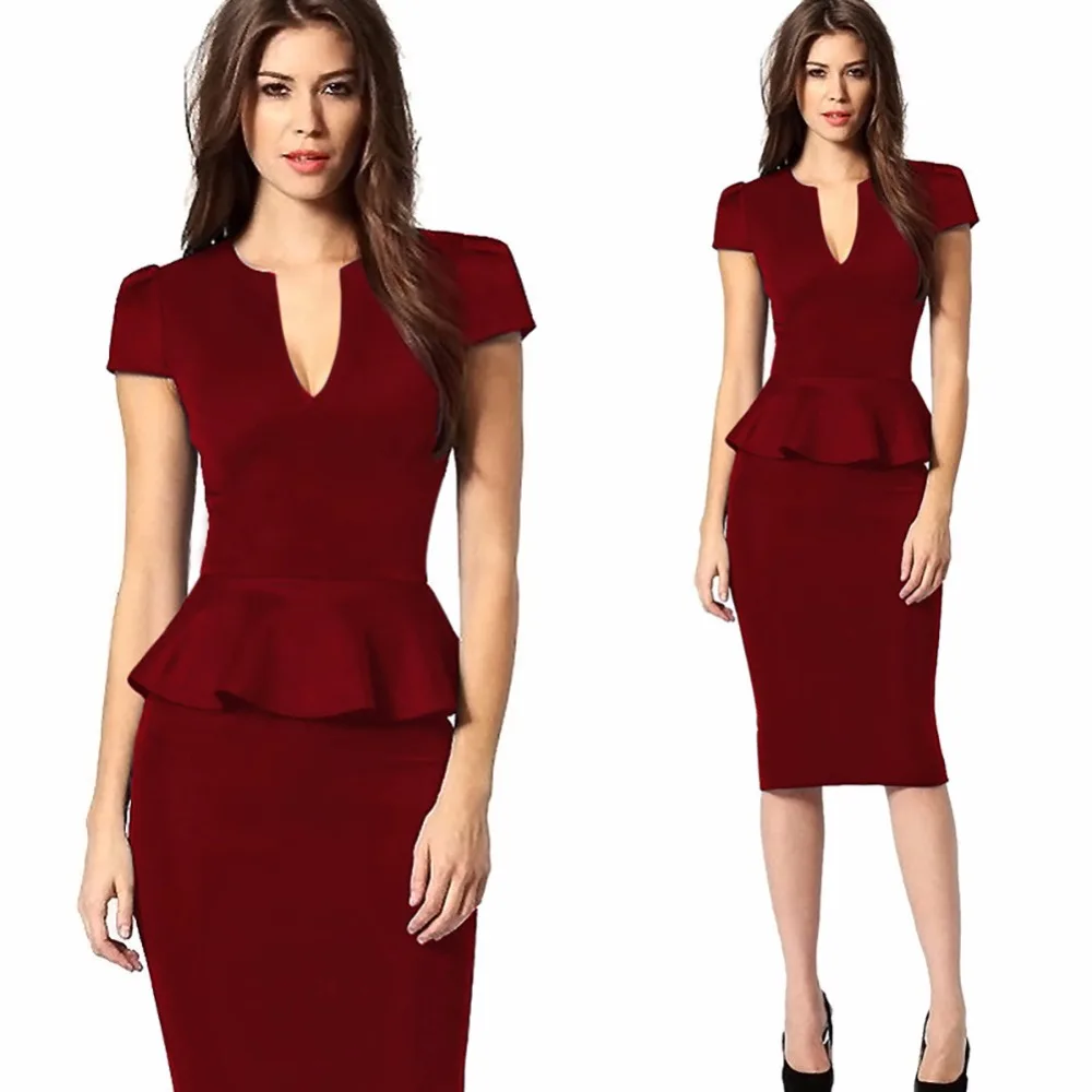 FD3429 женское платье карандаш с баской Vestido короткий рукав v образный вырез талия