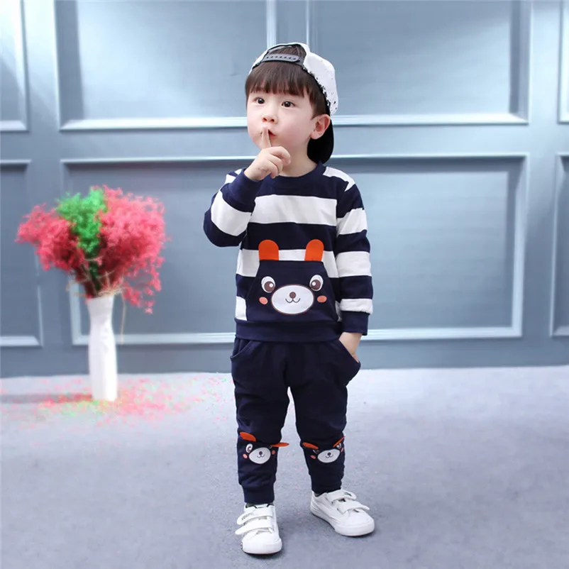 Fall Autumn Winter Kids Newborn Baby Boys Clothing Clothes Set Striped Bear Tops+Pants Outfits 2017 New Arrival Fashion on sale |