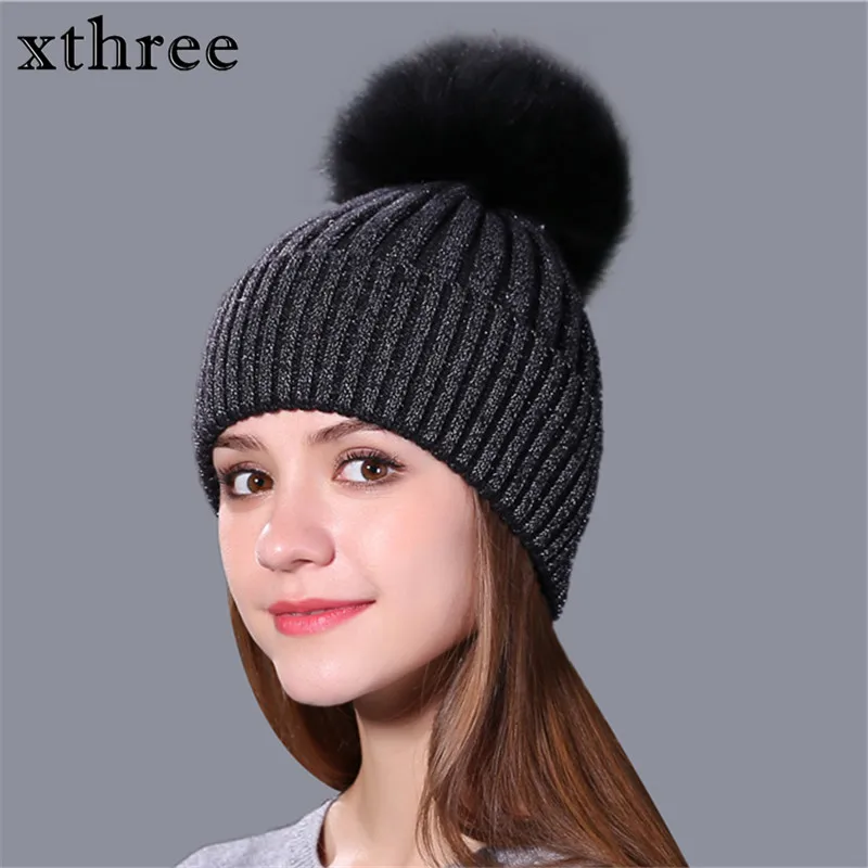 Вязаная шапка [Xthree] с лисьим мехом и помпонами Зимняя женская шапочки для девочек