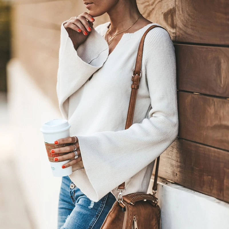 Женский вязаный пуловер с v-образным вырезом повседневный однотонный джемпер