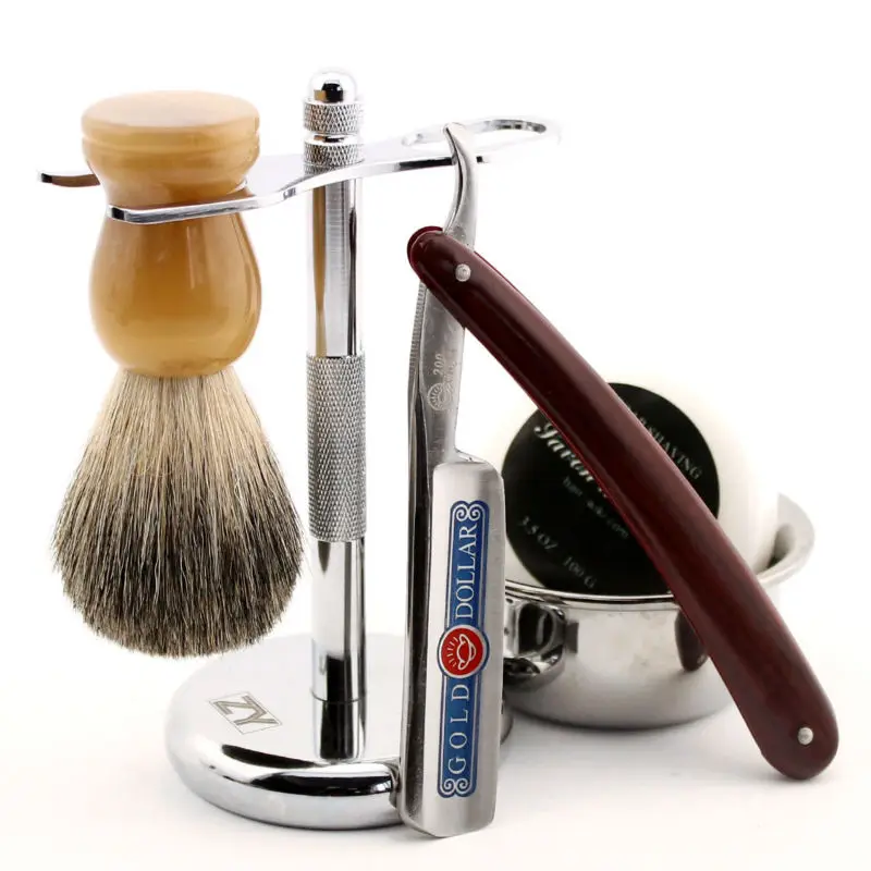 Straight Edge Стали Парикмахерская Бритвы Золотой Доллар 200 Ручкой Смолы Барсук Кисть