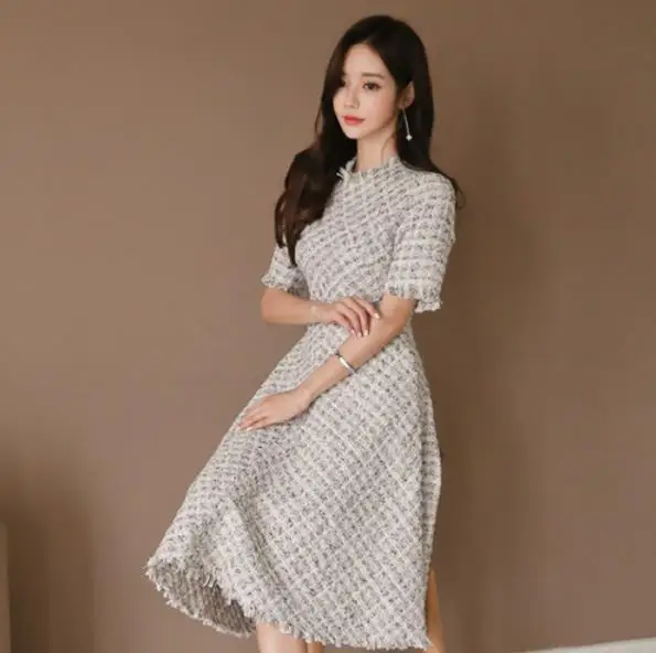 2019 Elegant Office Women Dress Tweed Vintage Short Sleeve Tassels Tunic Retro Lady Evening Party Midi Swing LM59 | Женская одежда