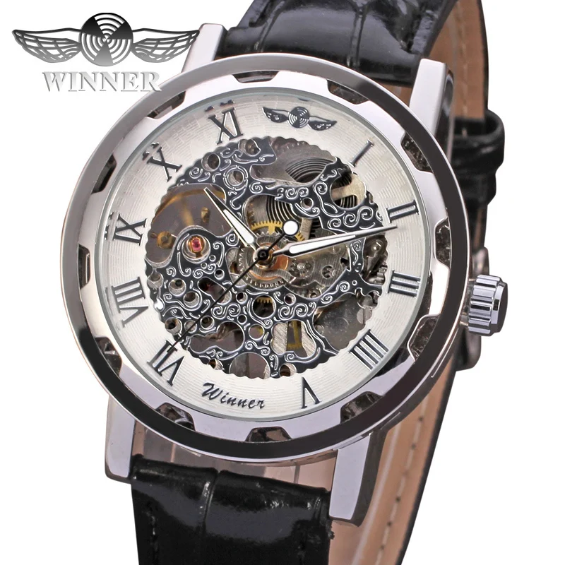Winner Men's Watch Mechanical Movt Transparent Crystal Leather Strap Stylish Analog Fashion Wristwatch Color White WRG8008M3S1 | Наручные
