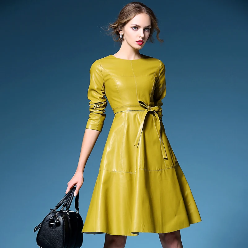 Платье женское черное желтое из искусственной кожи с длинным рукавом|vestido chiffon|dress