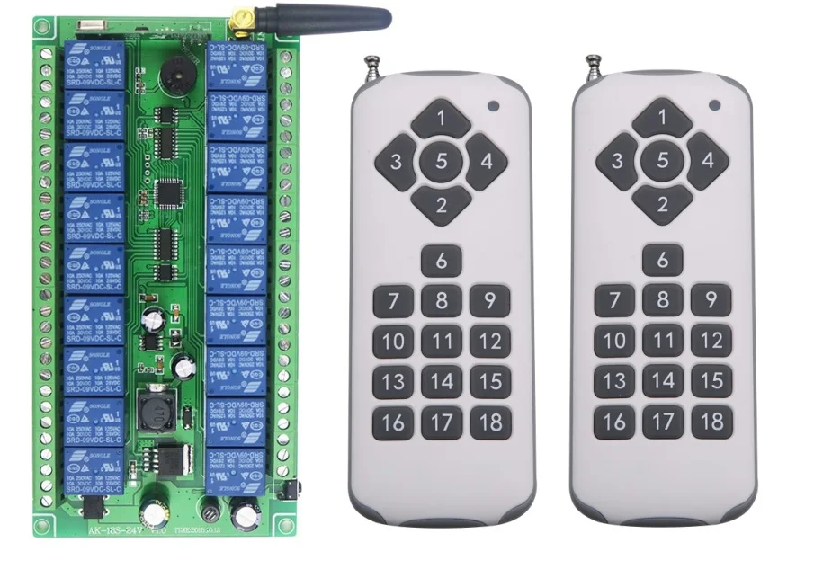 12 в пост. Тока, 24 В, широкий диапазон напряжения, 18 каналов, релейный переключатель, приемник, 18 кнопок, пульт дистанционного управления, 2 * передатчик, контактный светильник, беспроводная лампа для умного дома