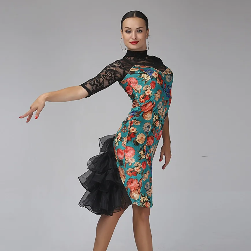 Платье для латинских танцев с кружевным рукавом женское платье Танго женские