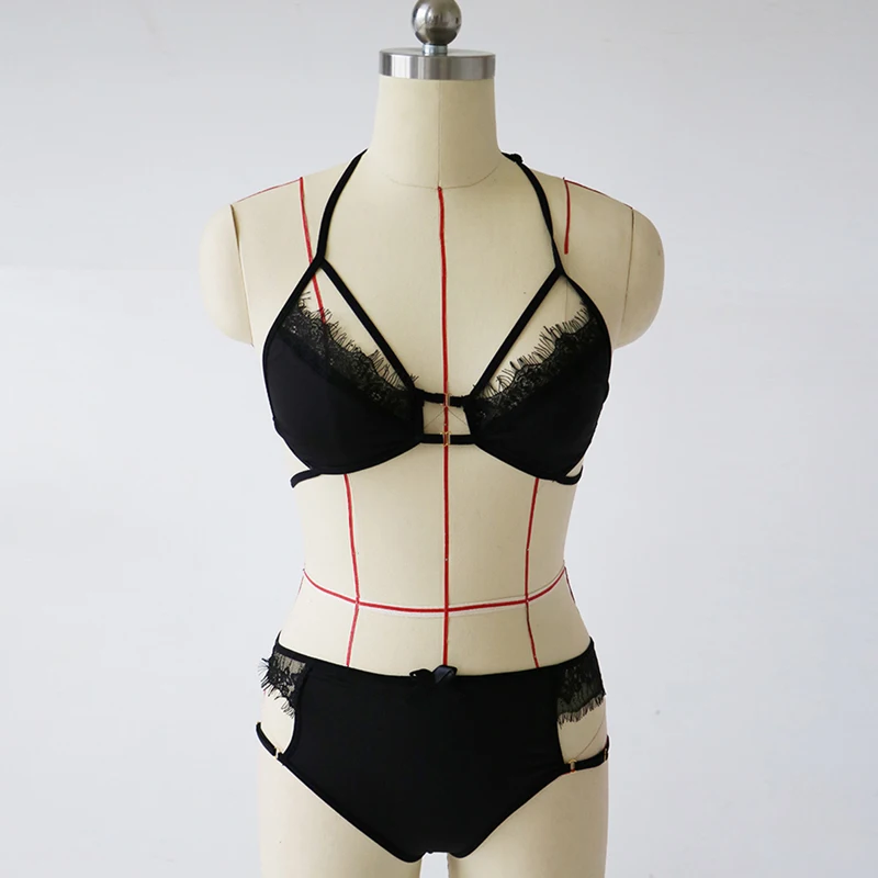 Черный Missomo Для женщин Кружево Halter Bralette Комплект женский сексуальный бюстгальтер Краткое Наборы для ухода за кожей бесшовные Провода Цветочные Нижнее бельё Тонкий дамы белье - Цвет: Черный