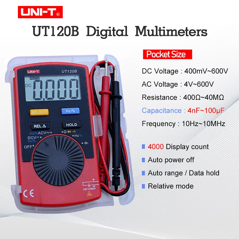 UNI-T UT120A/B/C карманный размер тип Цифровые мультиметры 4000 счетчик дисплей Автоматический диапазон непрерывности зуммер DC измерители напряжения тестеры - Цвет: UT120B