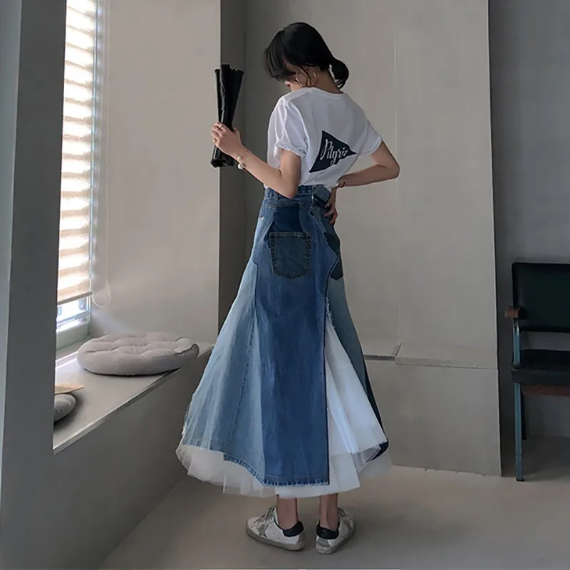 TWOTWINSTYLE, хит, цветная, сетчатая, Лоскутная, Женская юбка, высокая талия, тонкая, деним, линия, миди, юбки, женская мода, весна, повседневная, Новинка