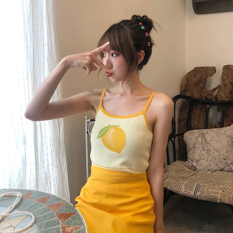 Kawaii Клубника Лимон вышивка школьницы трикотажные топы летние корейские негабаритные женская одежда Harajuku с открытыми плечами сексуальные топы