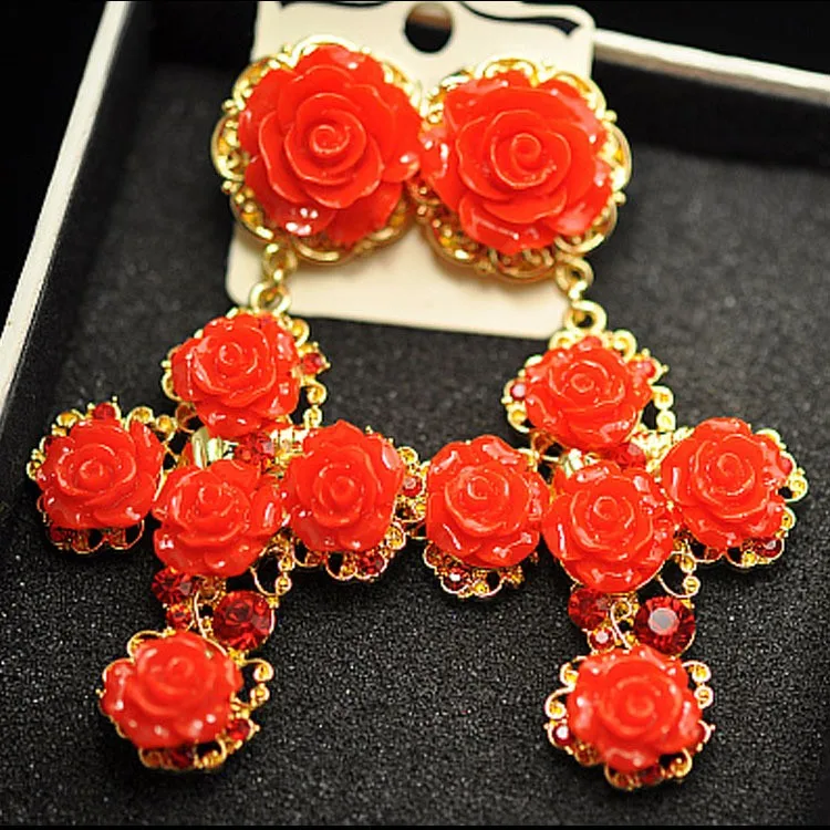 Модные брендовые ретро серьги в виде красной розы стиле большие барокко Женские