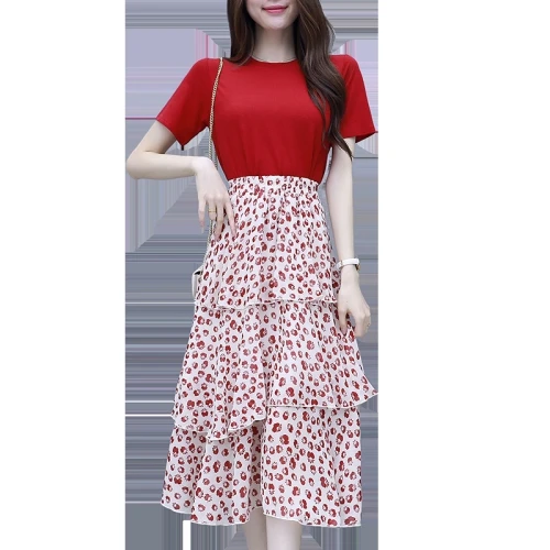 Korean Red Women Skirt Set Short Sleeve 2 Piece Womens Tops And Blouses Floral Maxi Outfit Woman Top Sets |
