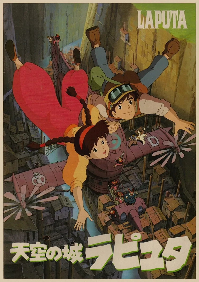Винтажный постер Hayao Miyazaki в стиле ретро с изображением замка небе из крафт-бумаги