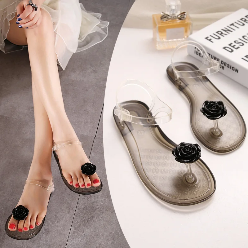 Летние прозрачные резиновые босоножки для девочек с цветами плоская подошва