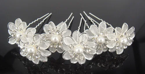 

6Pcs Wedding Bridal Crystal White Pearl Flower Hair Pins