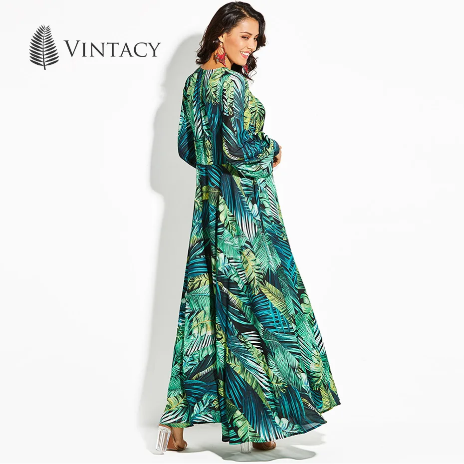 Vestidos, макси платье, винтажное пляжное платье с длинным рукавом, Тропическое, плюс размер, бохо, v-образный вырез, платье, пояс, шнуровка, туника, зеленое платье с принтом