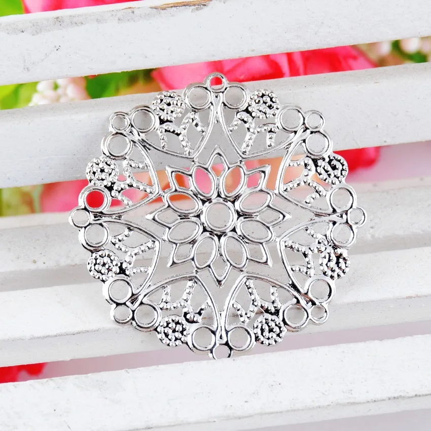 

Бесплатная доставка, розничная продажа, 10 шт., фурнитура для украшения, искусственный цветок, серебряный тон, полый подарок, украшение «сдел...