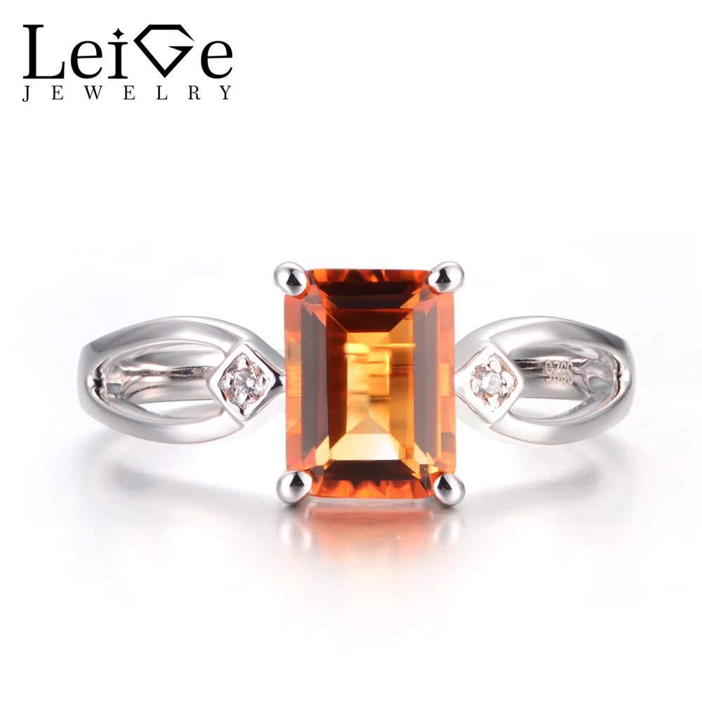 

Leige Jewelry Natural Yellow Citrine Rings Unique Engagement Rings 925 Sterling Silver Emerald Cut Gems Rings Gifts for Women