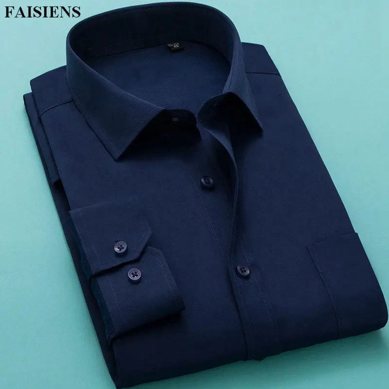 

FAISIENS Мужская однотонная Свадебная рубашка большого размера 7XL 8XL 9XL с длинным рукавом из хлопка 10XL 13XL 14XL тонкие темно-синие деловые рубашки