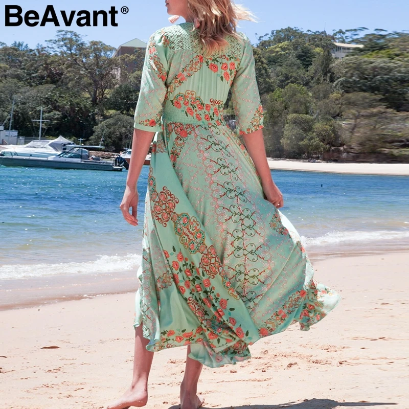 BeAvant Floral print summer maxi dress women V neck button split boho dresses casual Holiday beach long plus size vestidos | Женская
