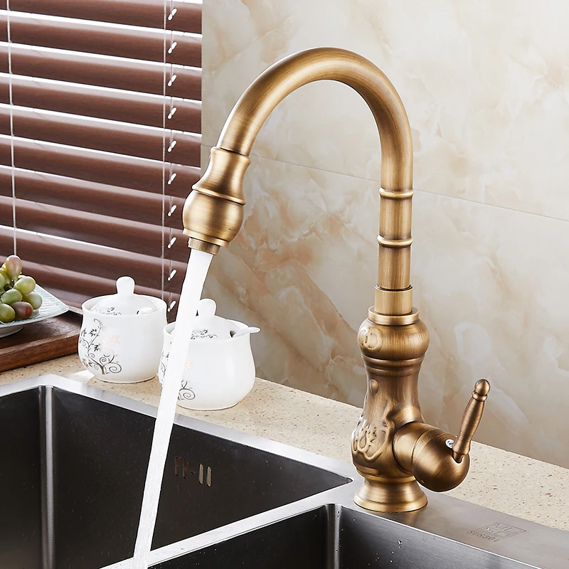 Kitchen Faucets Antique Brass Bronze Finish Water Taps Swivel Spout Vanity Sink Mixer Classic Tap Single Handle 1221F | Обустройство