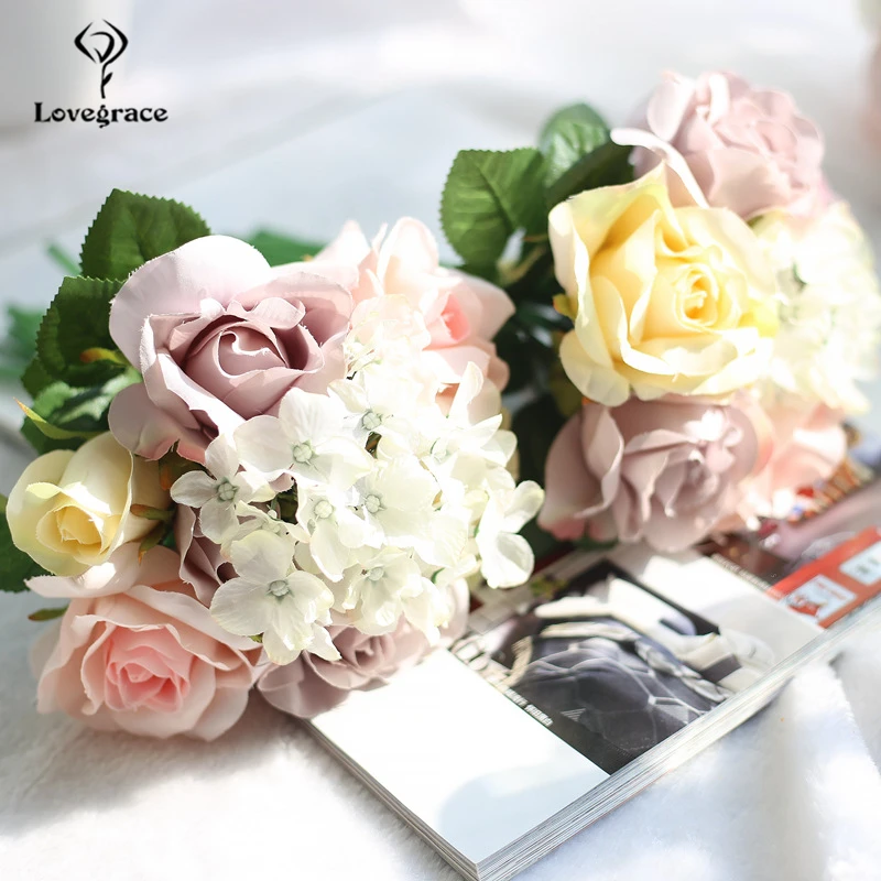 Фото Lovegrace искусственная шелковая Гортензия пион Ranunculus Posy Цветы Свадебный букет украшение для дома Свадебные аксессуары ручной работы №2