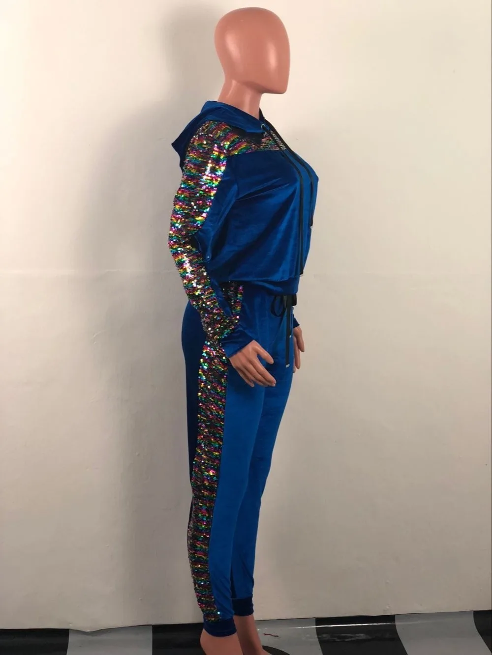 

Sequin Long Sleeve Patchwork Women Jackets With Pants Two Piece Velvet Women Suits
