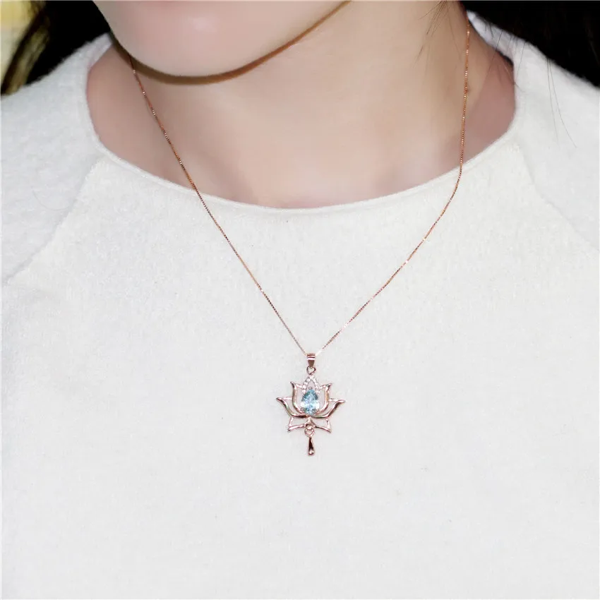 Almei 1.2ct розовое золото цвет светильник в форме цветка лотоса Небесно голубой топаз кулон ожерелье 925 пробы серебряные ювелирные изделия с цепочкой CN054