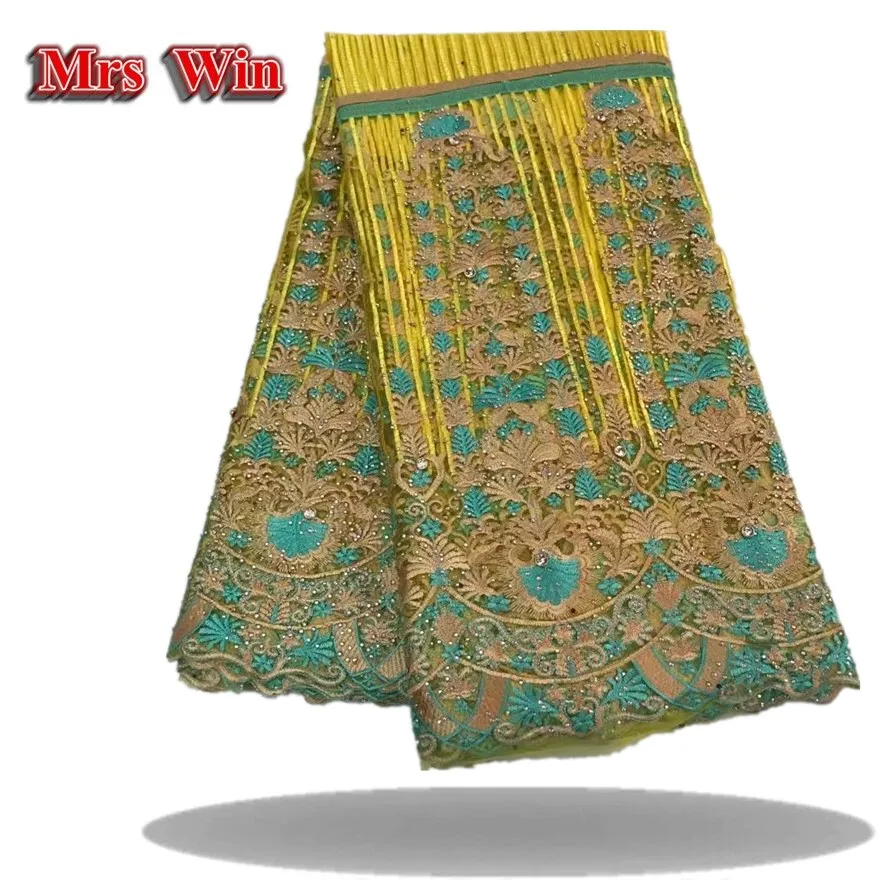 2017 Африканское кружево Нигерия высокого качества - свадебное платье с камнями риностоун на французском тюле цвета абрикос.