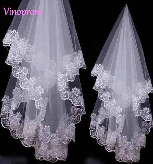 

Arabic Cheap Real Image Wedding Veils 1 Layer Lace Applique Edge Tulle вуаль Fingertip Length Muslim Bridal Veil