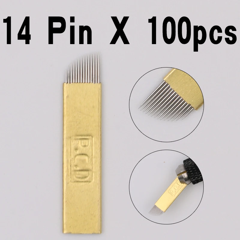 

100pcs PCD 14 Pin Permanent Makeup Eyebrow Tatoo Blade Microblading Needles For 3D Embroidery Manual Tattoo Pen Machine