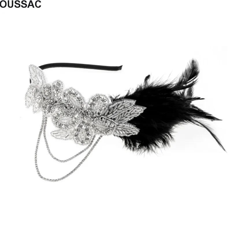 

Vintage Black Beaded Classic Feather Headpiece Female Gatsby Flapper Headband Feather Costume Ladies Hair Accessories KNJH05