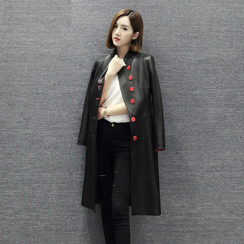 

New designer woman genuine leather long coats ladies natural sheepskin jackets black with red buttons plus big oversized 2xl xxl