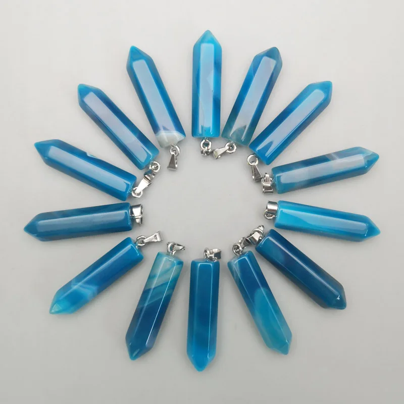 fashion natural stone blue onyx crystal pillar Pendants &amp necklaces for making Jewelry charm Point diy pendant 12pcs/lot | Украшения и