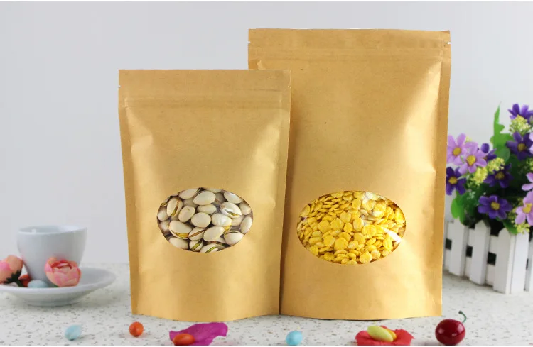 14*19 + 4 см 300 шт. коричневые пакеты из крафт-бумаги с прозрачным окном и замком на