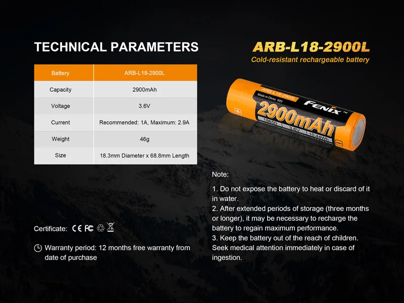 1 piece Fenix ARB-L18-2900L 2900 мАч морозостойкая аккумуляторная батарея для экстремальных условий, таких как ледники, снежные горы - Цвет: 1 piece
